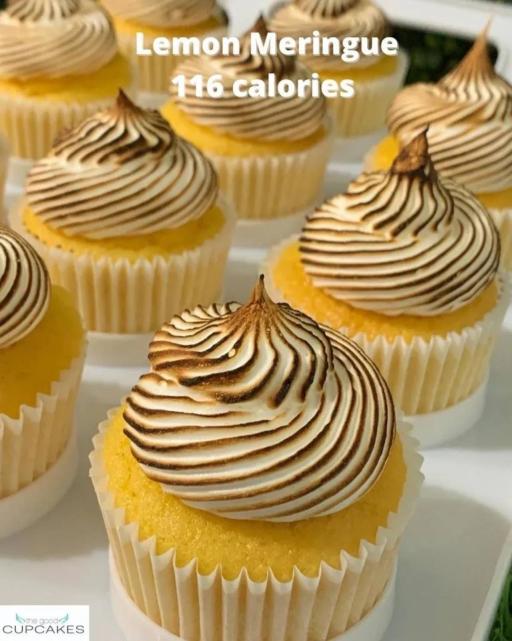 Lemon meringue cupcakes with golden torched meringue topping, 116 calories each, low sugar healthier dessert