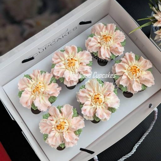 Floral Cupcakes Box of 6 (Standard), hand-piped buttercream flowers in one design, 150 calories each, The Good Cupcakes Singapore