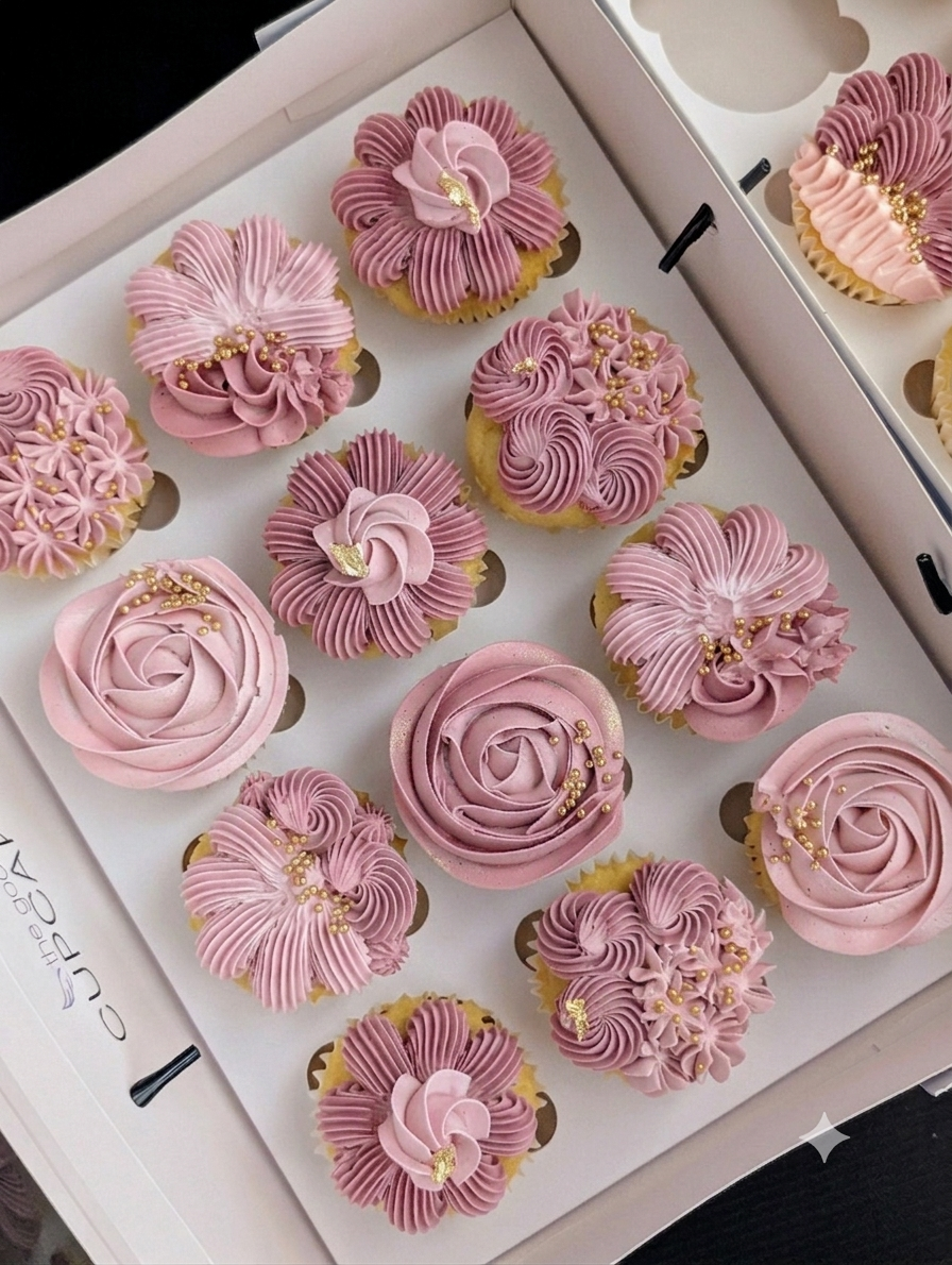 Box of 12 gender reveal cupcakes with hand-piped dusty pink floral buttercream in rose, chrysanthemum and petal fan designs with gold leaf and pearl sprinkles, The Good Cupcakes Singapore