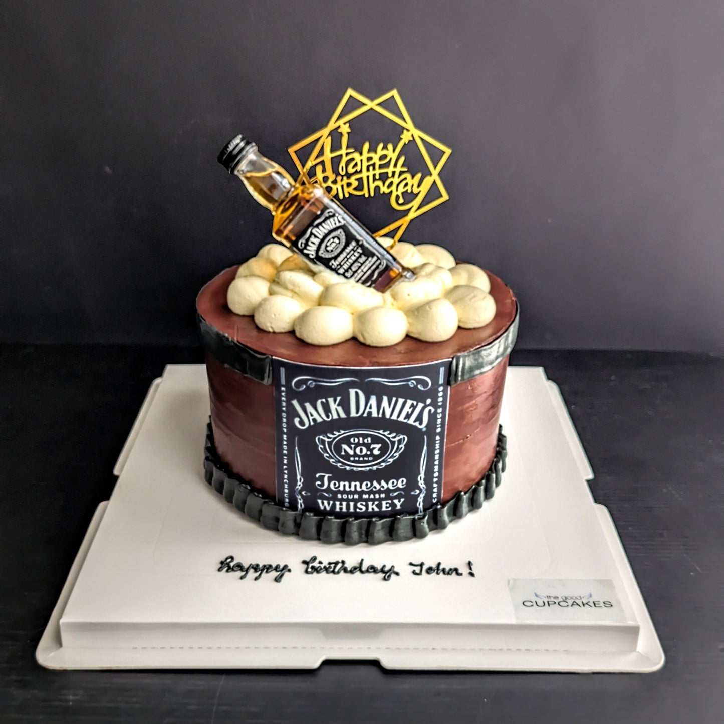 Whisky barrel birthday cake with edible label, cream buttercream top, miniature whisky bottle topper and gold happy birthday acrylic topper, custom men's cake Singapore