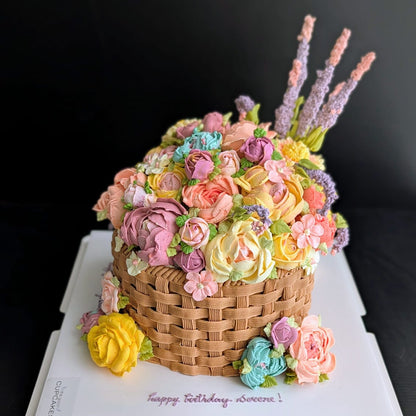 Floral basket cake with hand-piped buttercream peonies and lavender in wicker basket design, healthy low-sugar birthday cake Singapore