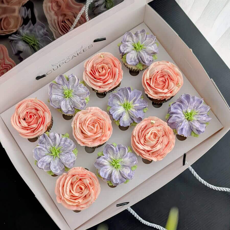 Floral Cupcakes Box of 12, hand-piped buttercream flowers, 150 calories each, The Good Cupcakes Singapore