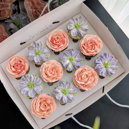 Floral Cupcakes Box of 12, hand-piped buttercream flowers, 150 calories each, The Good Cupcakes Singapore