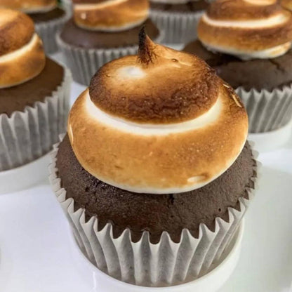 S'mores cupcake with chocolate sponge and golden torched marshmallow topping, low sugar healthier dessert