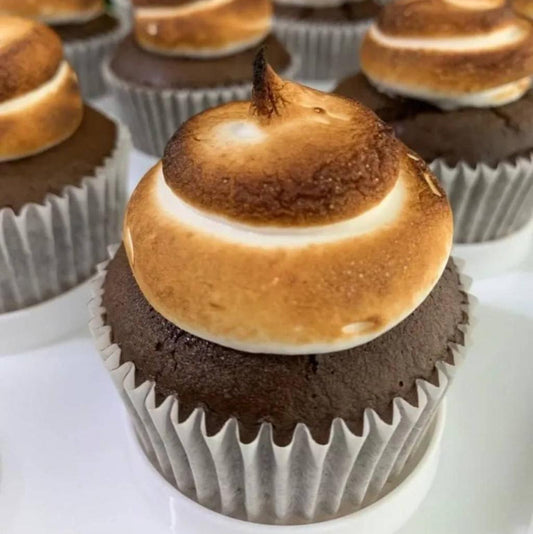 S'mores cupcake with chocolate sponge and golden torched marshmallow topping, low sugar healthier dessert