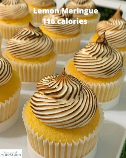 Lemon meringue cupcakes with golden torched meringue topping, 116 calories each, low sugar healthier dessert