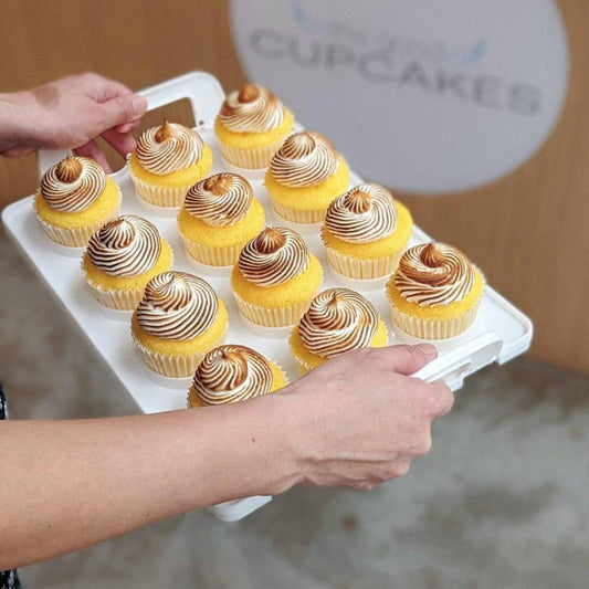 tray of lemon meringue cupcakes with torched meringue swirl topping, set of 6 available from The Good Cupcakes