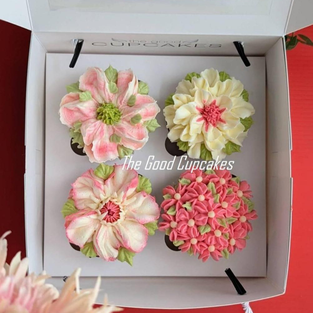 Box of 4 hand-piped floral buttercream cupcakes in assorted designs, 150 calories each, The Good Cupcakes Singapore