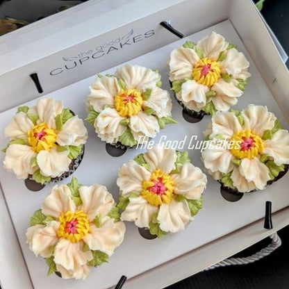 Floral Cupcakes Box of 6 (Standard), hand-piped buttercream flowers in one design, 150 calories each, The Good Cupcakes Singapore