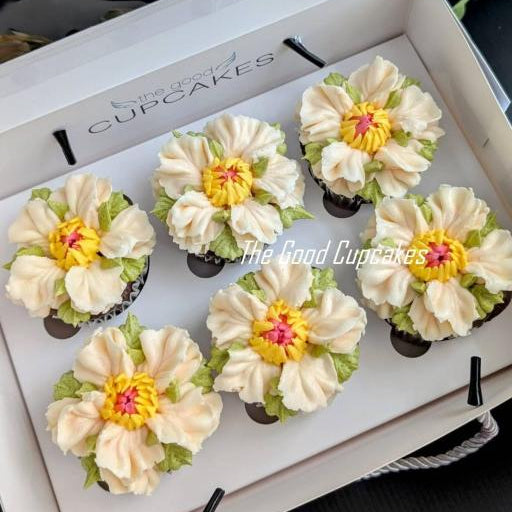 Floral Cupcakes Box of 6 (Standard), hand-piped buttercream flowers in one design, 150 calories each, The Good Cupcakes Singapore