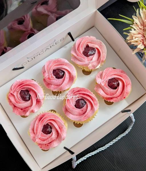 Strawberries & Cream cupcakes with scratch-made strawberry puree filling, 150 calories each, The Good Cupcakes Singapore