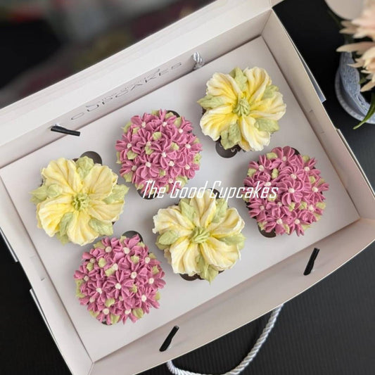 Floral Cupcakes Box of 6 (Premium), hand-piped buttercream flowers in two designs, 150 calories each, The Good Cupcakes Singapore