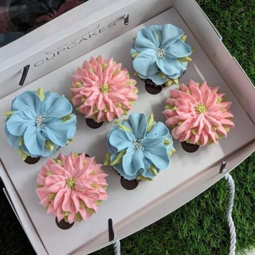 Floral Cupcakes Box of 6 (Premium), hand-piped buttercream flowers in two designs, 150 calories each, The Good Cupcakes Singapore