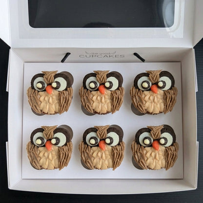 Custom owl-themed cupcakes, hand-piped and hand-made with cookies and chocolate, no fondant, The Good Cupcakes Singapore