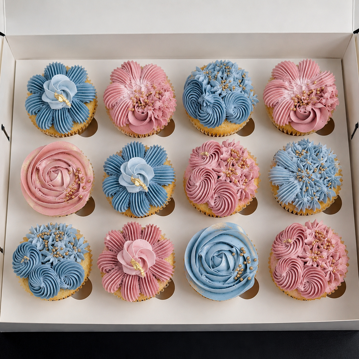 gender reveal cupcakes in box of 12 in pinks and blues