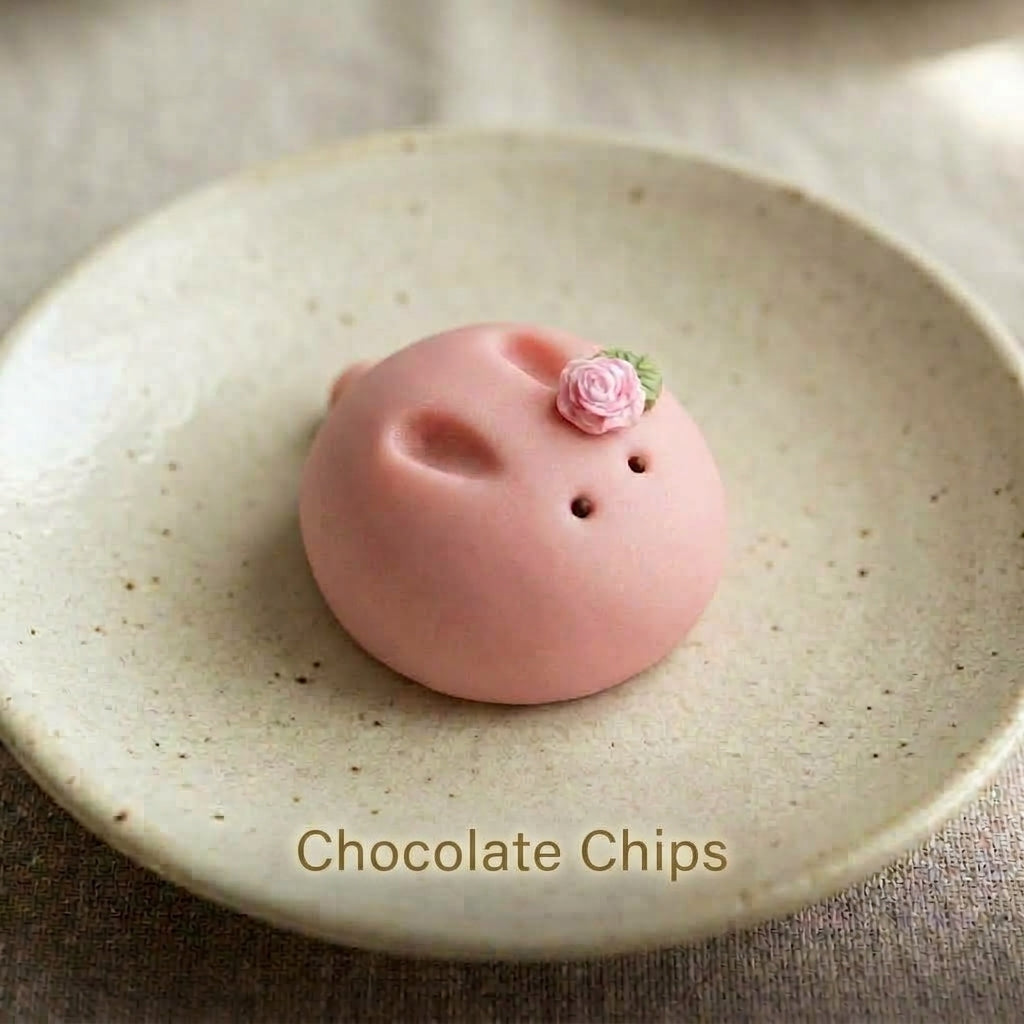 Chocolate Chips shortbread cookie shaped like a bunny's face with a hand-piped rose, on a speckled ceramic plate.