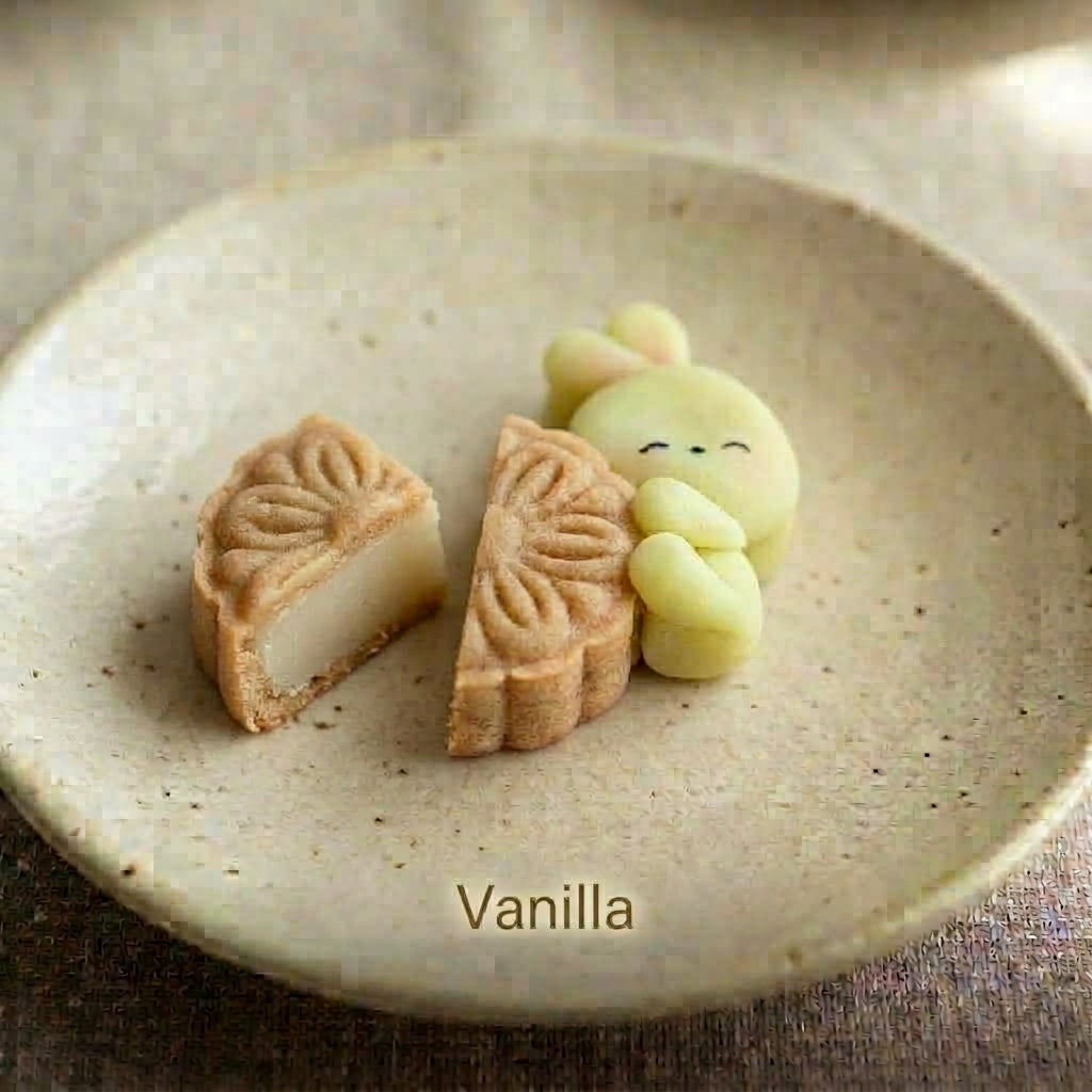 Two vanilla mooncakes on a speckled beige ceramic plate, with one cake cut open to show the creamy white filling and a small pale yellow character decoration beside it. The word 'Vanilla' is printed below the plate.