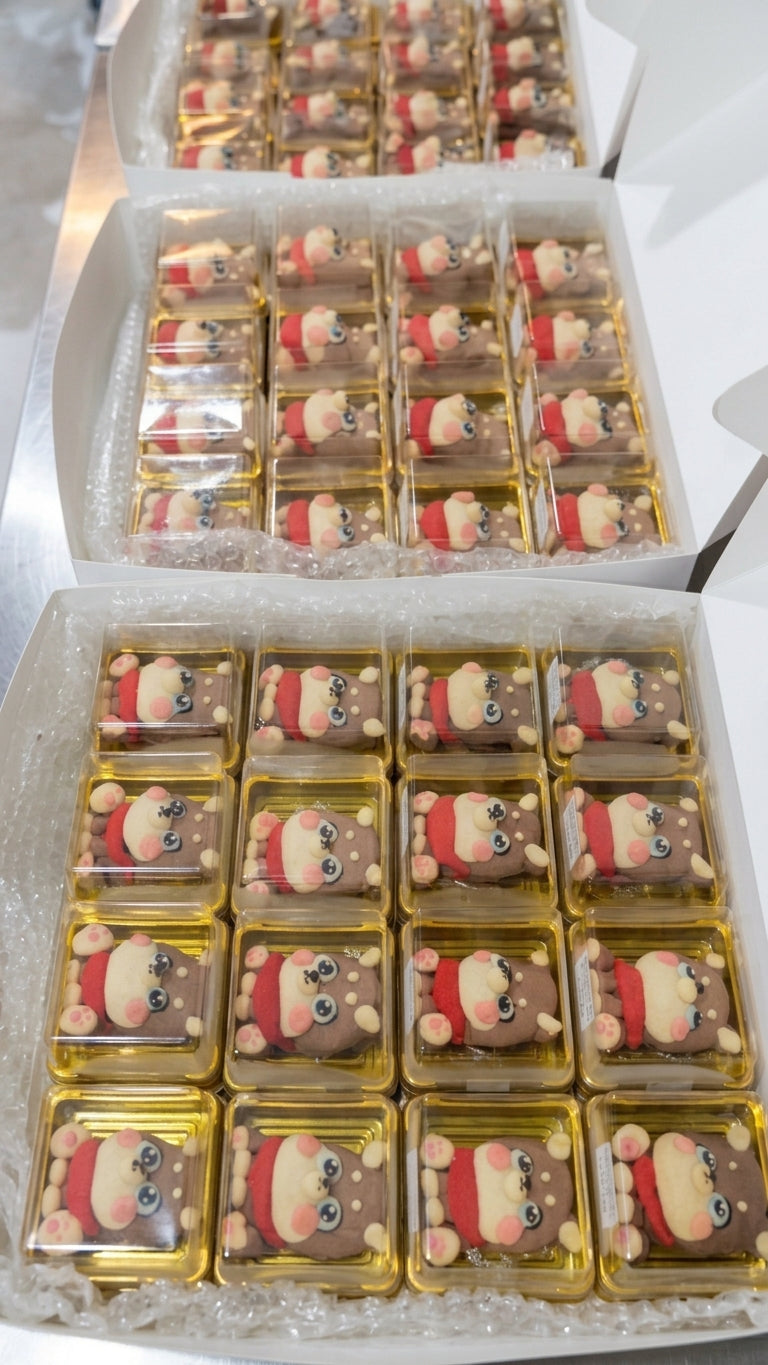 Rows of individually packaged brown and pink mascot-shaped cookies arranged in gold trays inside open white boxes.
