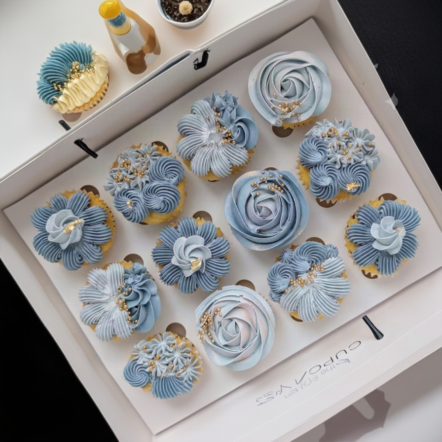 Box of 12 gender reveal cupcakes with hand-piped blue floral buttercream in baby blues, chrysanthemum and petal fan designs with gold leaf and pearl sprinkles, The Good Cupcakes Singapore