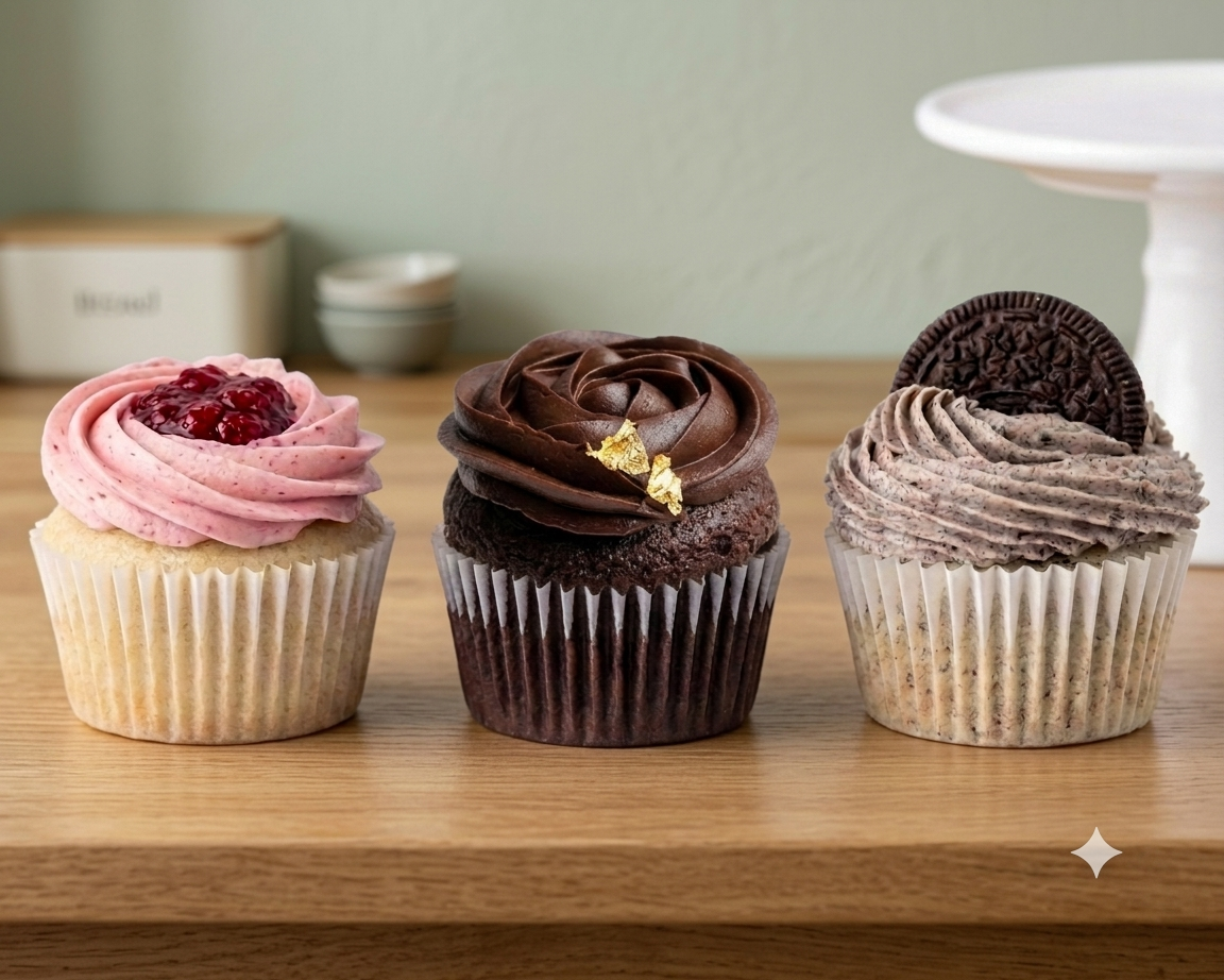 Three decorated cupcakes lined up on a wooden surface in a kitchen setting. The left cupcake has pink frosting topped with red jam, the center cupcake has dark chocolate frosting with a small gold leaf, and the right cupcake has chocolate frosting topped with an Oreo cookie.
