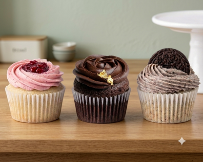 Three decorated cupcakes lined up on a wooden surface in a kitchen setting. The left cupcake has pink frosting topped with red jam, the center cupcake has dark chocolate frosting with a small gold leaf, and the right cupcake has chocolate frosting topped with an Oreo cookie.