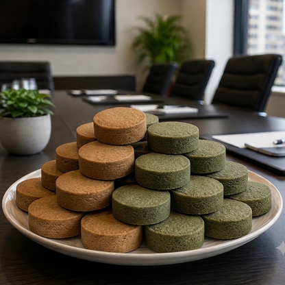 A white plate piled with shortbread cookies in earl grey and coffee, set on a dark wooden conference table in a modern office setting.