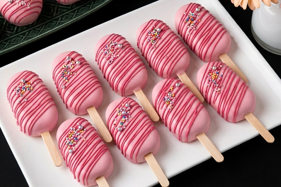 pink cakesicle — with dark pink overlay drizzles and sprinkes