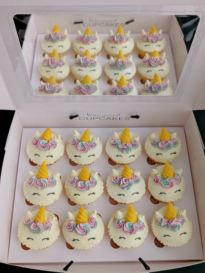 Box of Rainbow Unicorn cupcakes packaged for gifting, custom hand-piped buttercream design — The Good Cupcakes Singapore