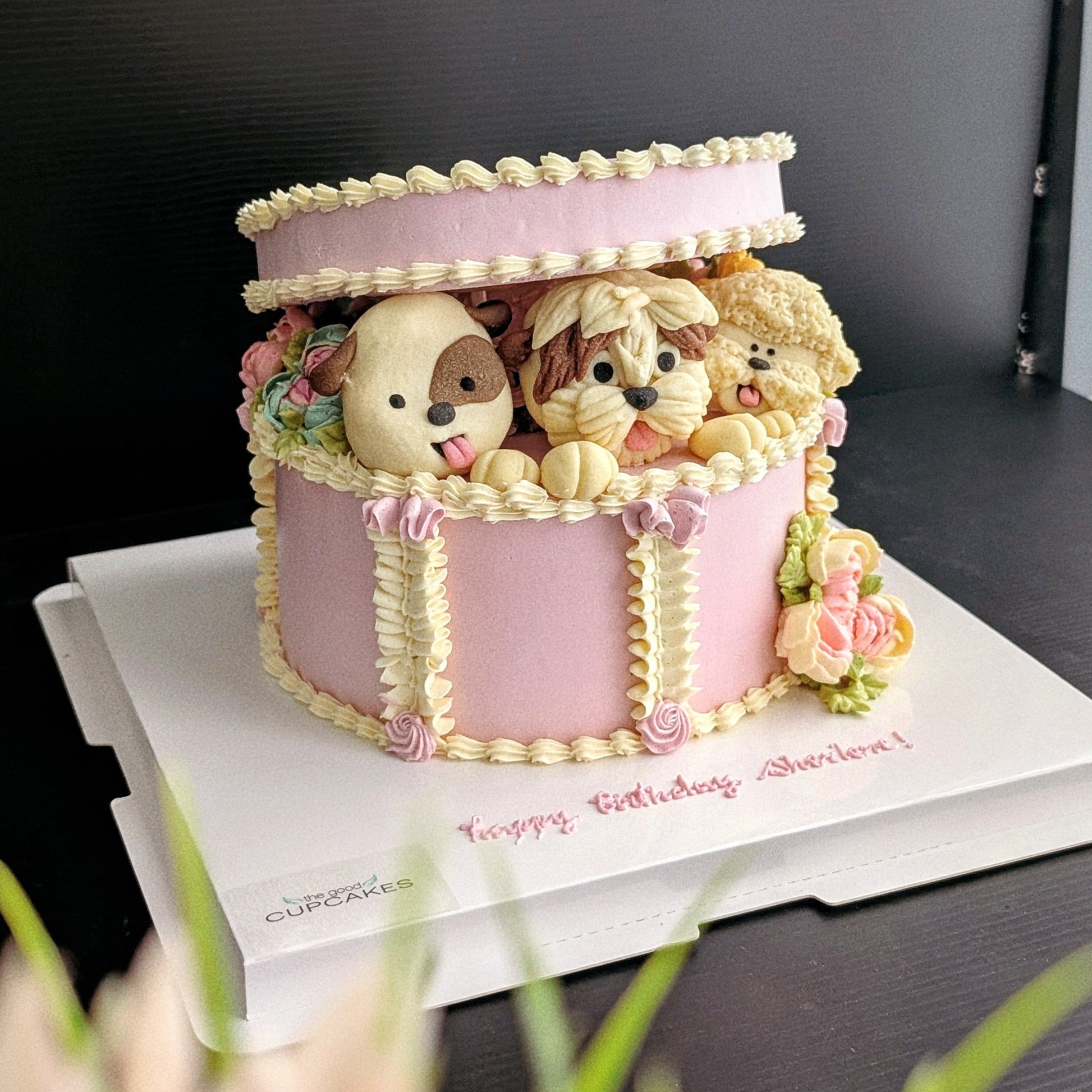 Gift box with 3 puppies in a hand-piped white and pink cake gift box, healthy low-sugar birthday cake