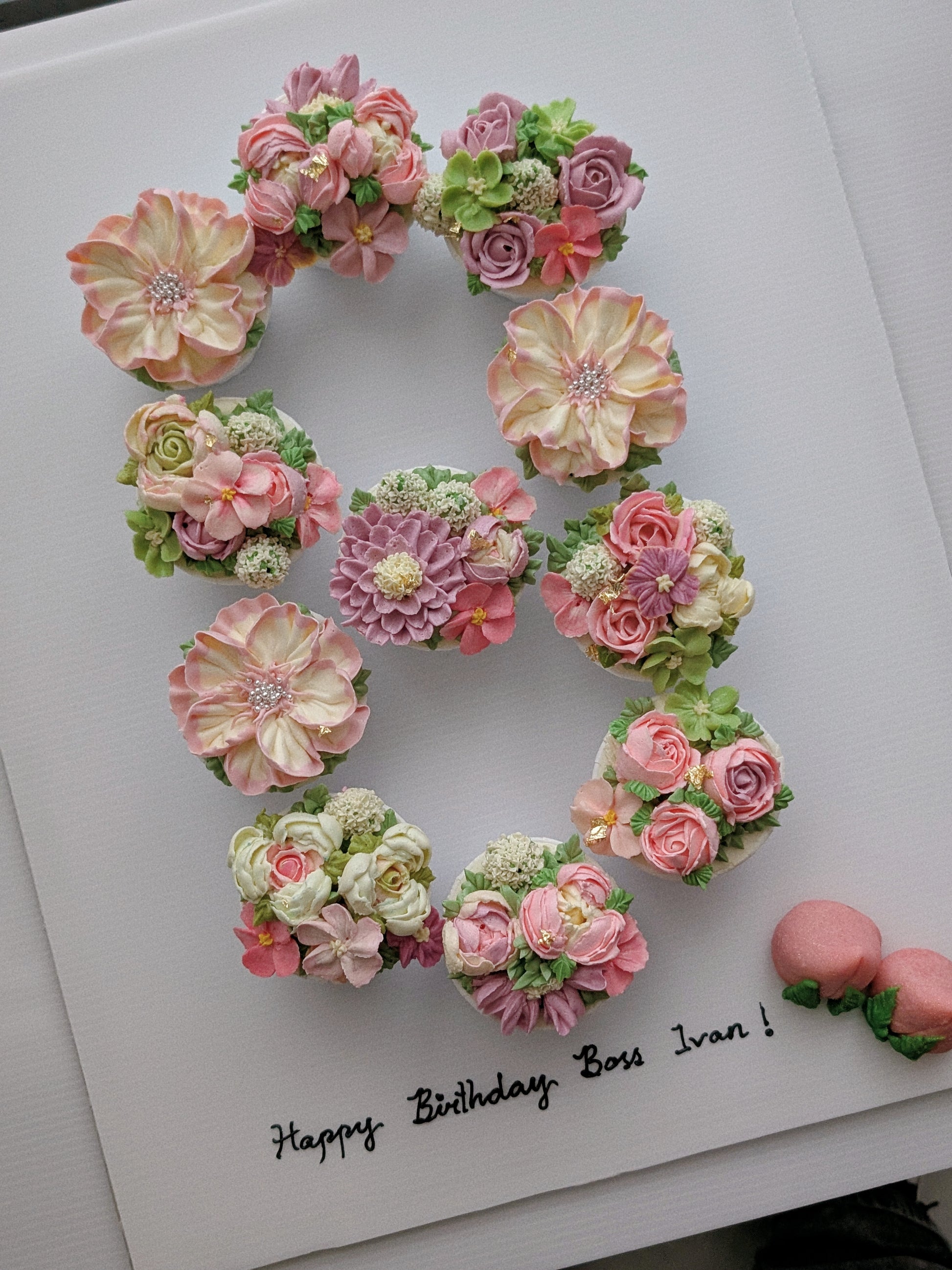 Personalised number cupcakes with floral piping,handmade floral decorations, no fondant 