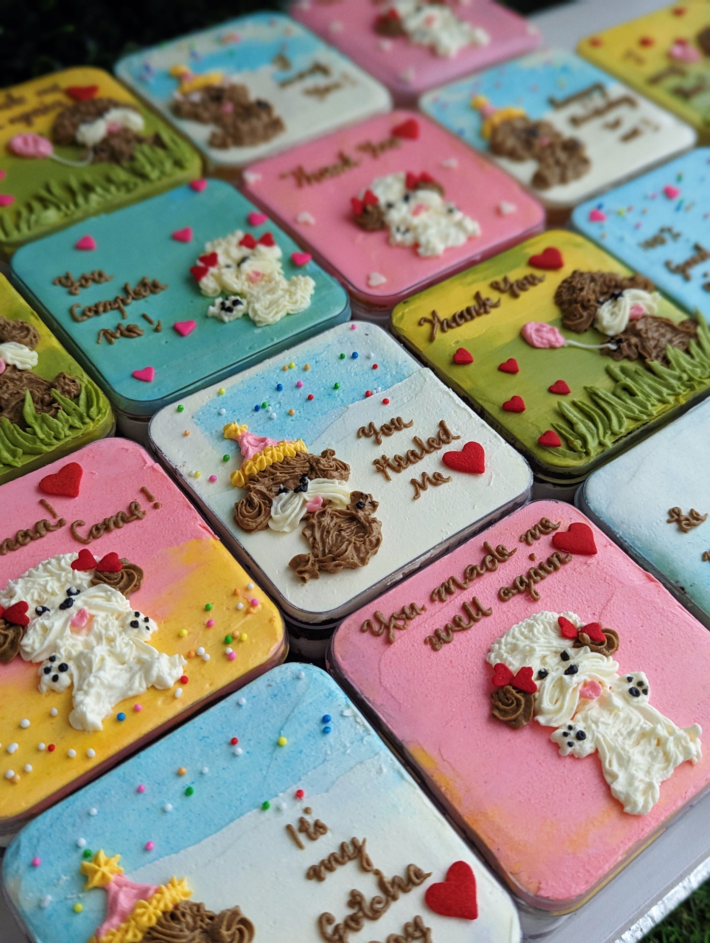 Floral bento boxed cakes with hand-piped buttercream flowers on pastel painted backgrounds, healthy low-sugar mini cakes Singapore