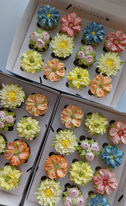 Bulk floral cupcake gift boxes for corporate events, hand-piped buttercream flowers, 150 calories each, The Good Cupcakes Singapore