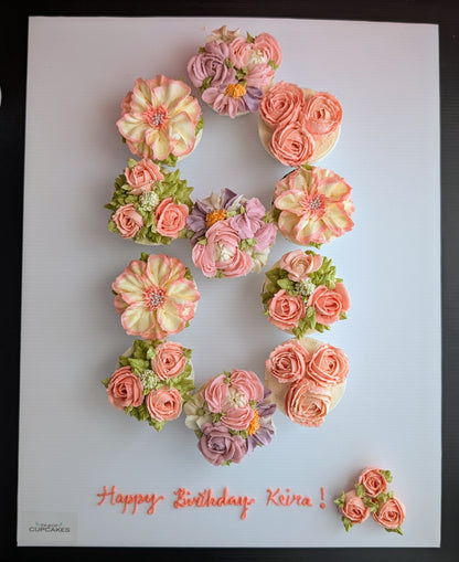 Personalised number cupcakes with floral piping,handmade floral decorations, no fondant 