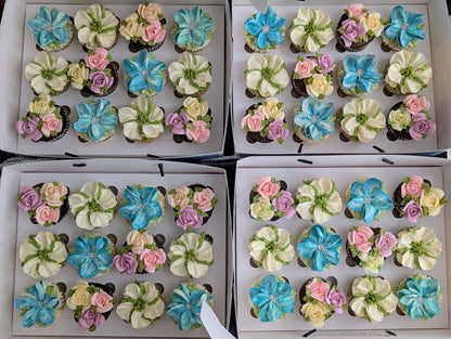 Bulk floral cupcake gift boxes for corporate events, hand-piped buttercream flowers, 150 calories each, The Good Cupcakes Singapore