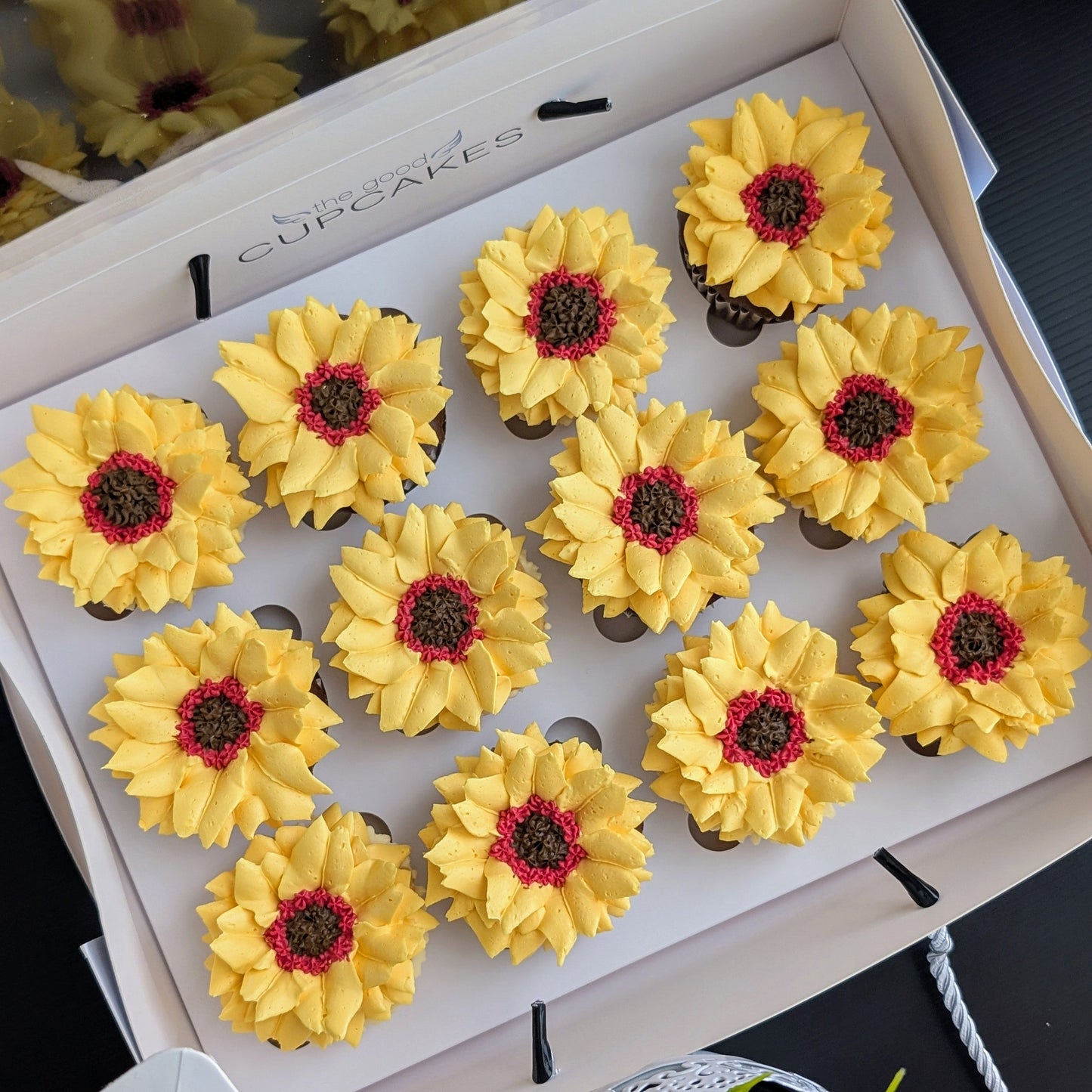 Sunflower cake with hand-piped yellow buttercream petals and chocolate centre, healthy low-sugar birthday cake Singapore