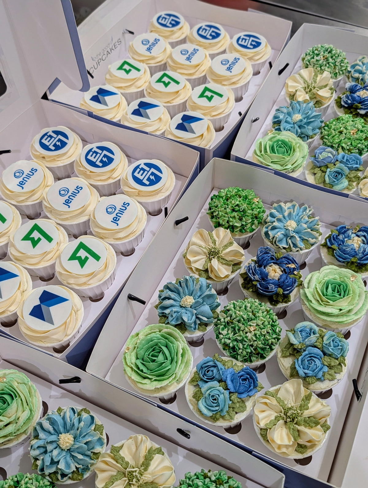 Open boxes containing cupcakes with Wise and partner logo toppers alongside detailed blue, green and cream floral cupcakes.