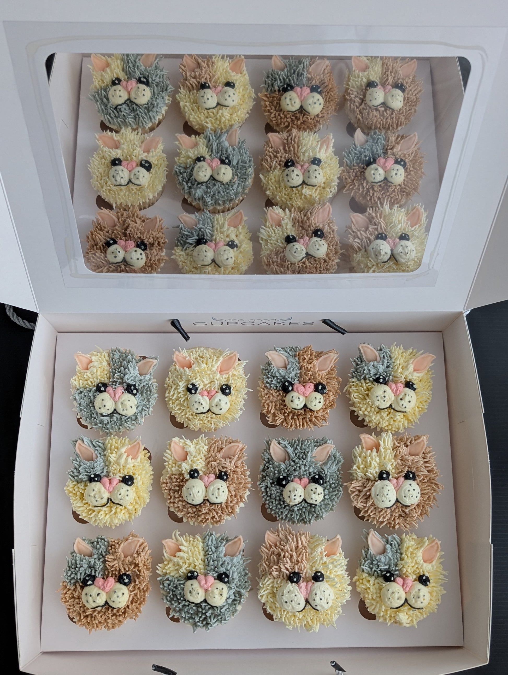 Kitty cupcakes, hand-piped buttercream design with kitty face, custom order, The Good Cupcakes Singapore