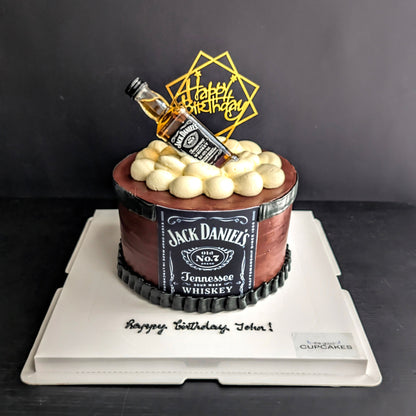 Whisky barrel birthday cake with edible label, cream buttercream top, miniature whisky bottle topper and gold happy birthday acrylic topper, custom men's cake Singapore