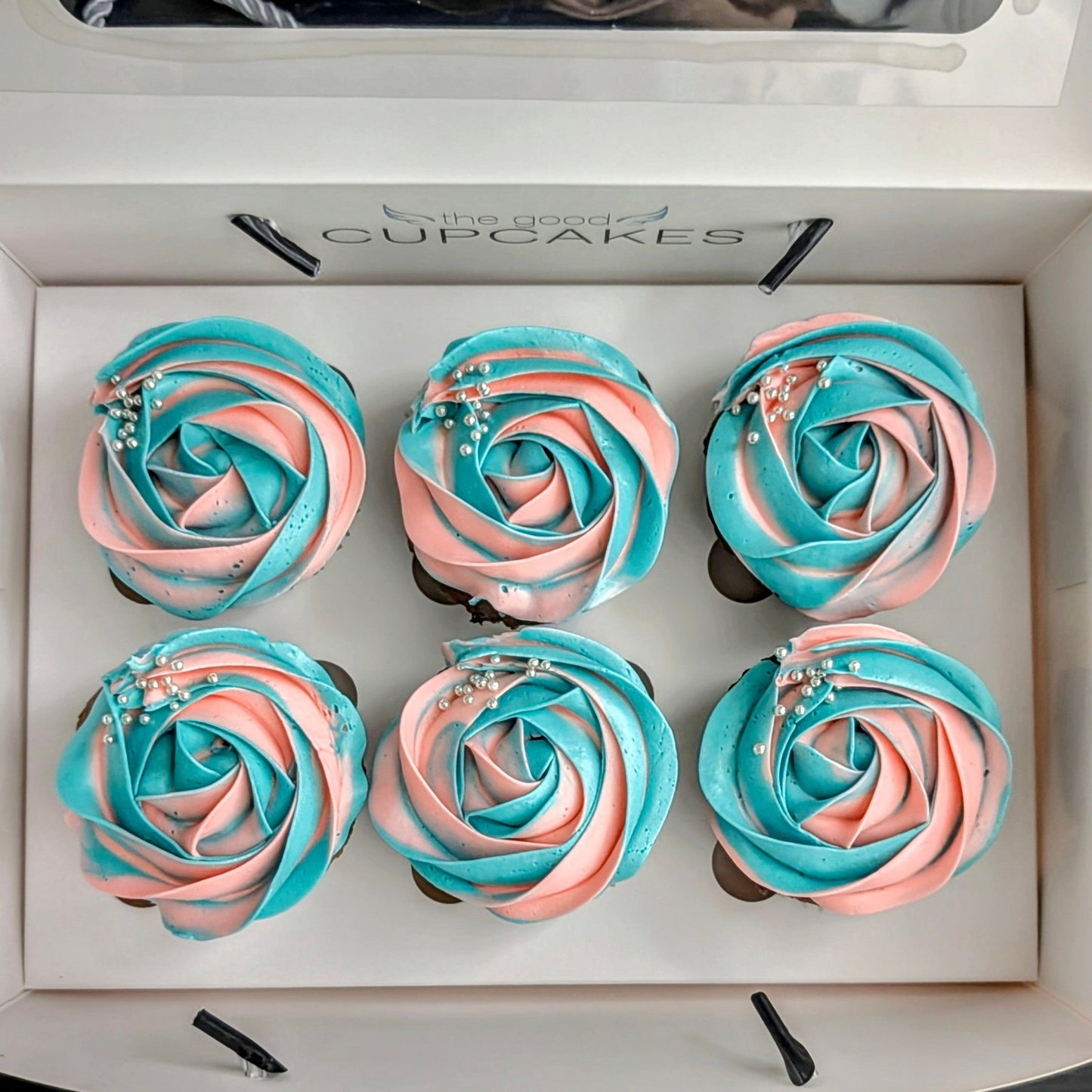 Box of 6 gender reveal cupcakes with hand-piped blue and pink  buttercream with silver sprinkles, The Good Cupcakes Singapore