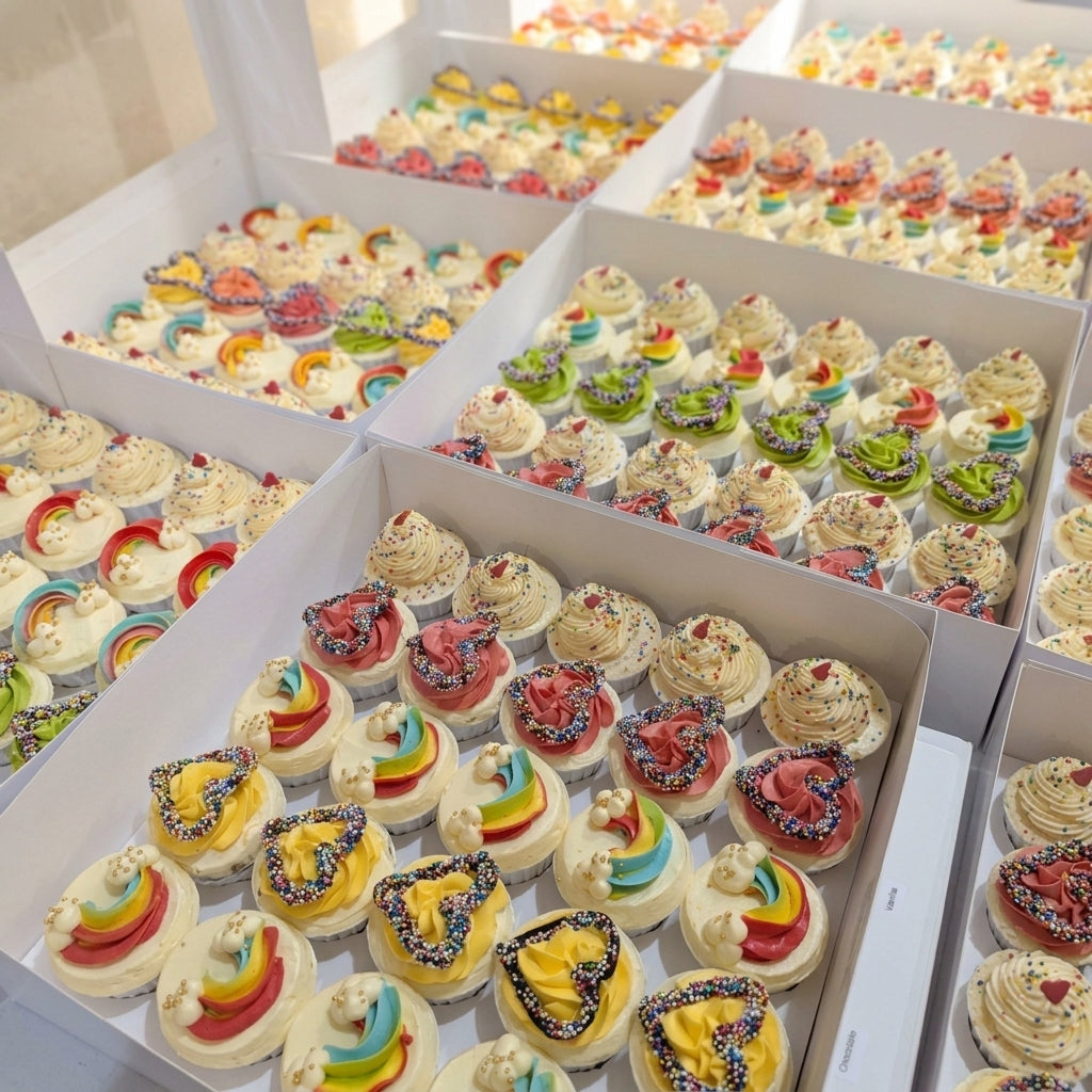 Rows of open boxes filled with rainbow, heart-shaped and sprinkle-decorated cupcakes for Partners Group’s Pride Day celebration.