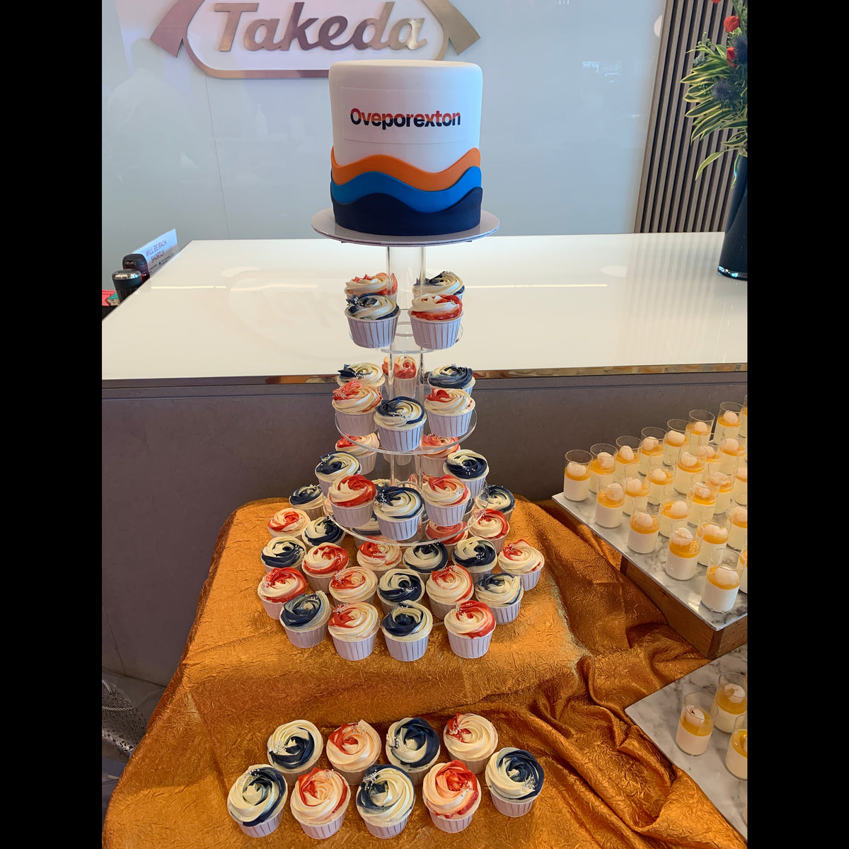Oveporexton-branded cake displayed above a tiered tower of orange, navy and white cupcakes for a Takeda Pharma product launch.