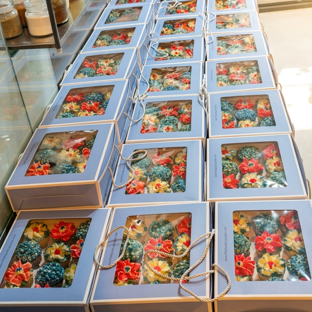 Rows of blue gift boxes containing red, cream and blue floral cupcakes prepared for a UOB staff-recognition order.