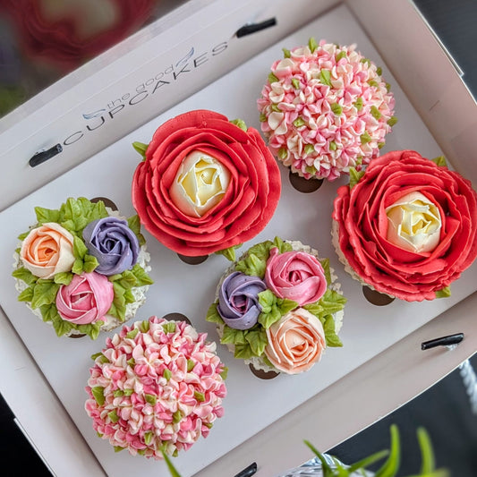 Floral Cupcakes Box of 6 (Luxury), hand-piped buttercream flowers in three designs, 150 calories each, The Good Cupcakes Singapore
