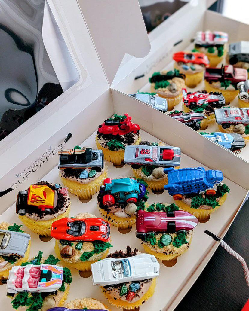 Car-themed cupcakes with toy cars, hand-piped buttercream, custom order, The Good Cupcakes Singapore