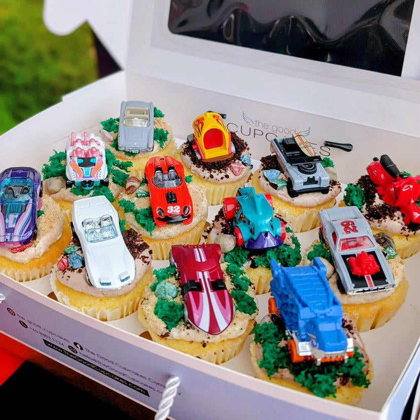 Car-themed cupcakes with toy cars, hand-piped buttercream, custom order, The Good Cupcakes Singapore