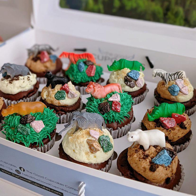 Safari-themed cupcakes with hand-piped animal designs, custom order, The Good Cupcakes Singapore