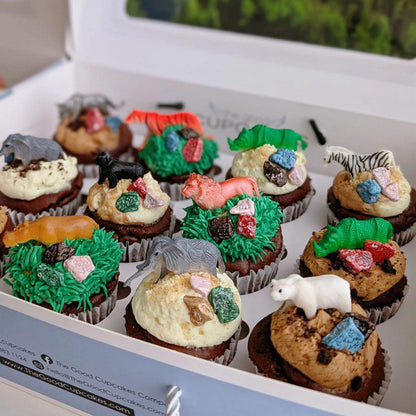 Safari-themed cupcakes with hand-piped animal designs, custom order, The Good Cupcakes Singapore