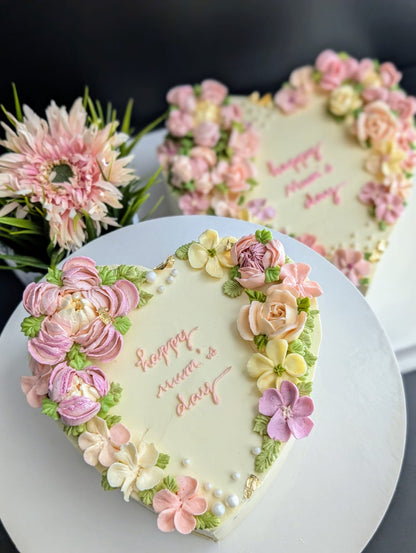  Heart-shaped floral cake with hand-piped buttercream flowers, healthy low-sugar birthday cake Singapore