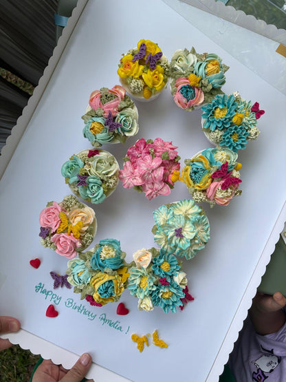 Personalised number cupcakes with floral piping,handmade floral decorations, no fondant 