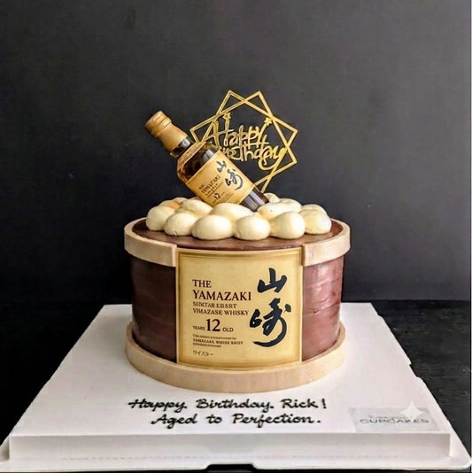 Whisky barrel birthday cake with edible label, cream buttercream top, miniature whisky bottle topper and gold happy birthday acrylic topper, custom men's cake Singapore